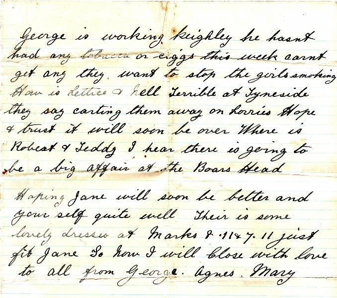 Mary Moorby - War Letter 2.JPG - Page 2 of a letter written in the second war from Baildon, Shipley on 13th April 1946.  Telling of the bombing raids in that area. It was sent to Chris Moorby's grandfather and grandmother who lived in the cottages at West End,  which were demolished in the 60's, where the old peoples' bungalows are now situated.   ( The previous image is Page 1  - and following is a  photo of  Mary Moorby ) 